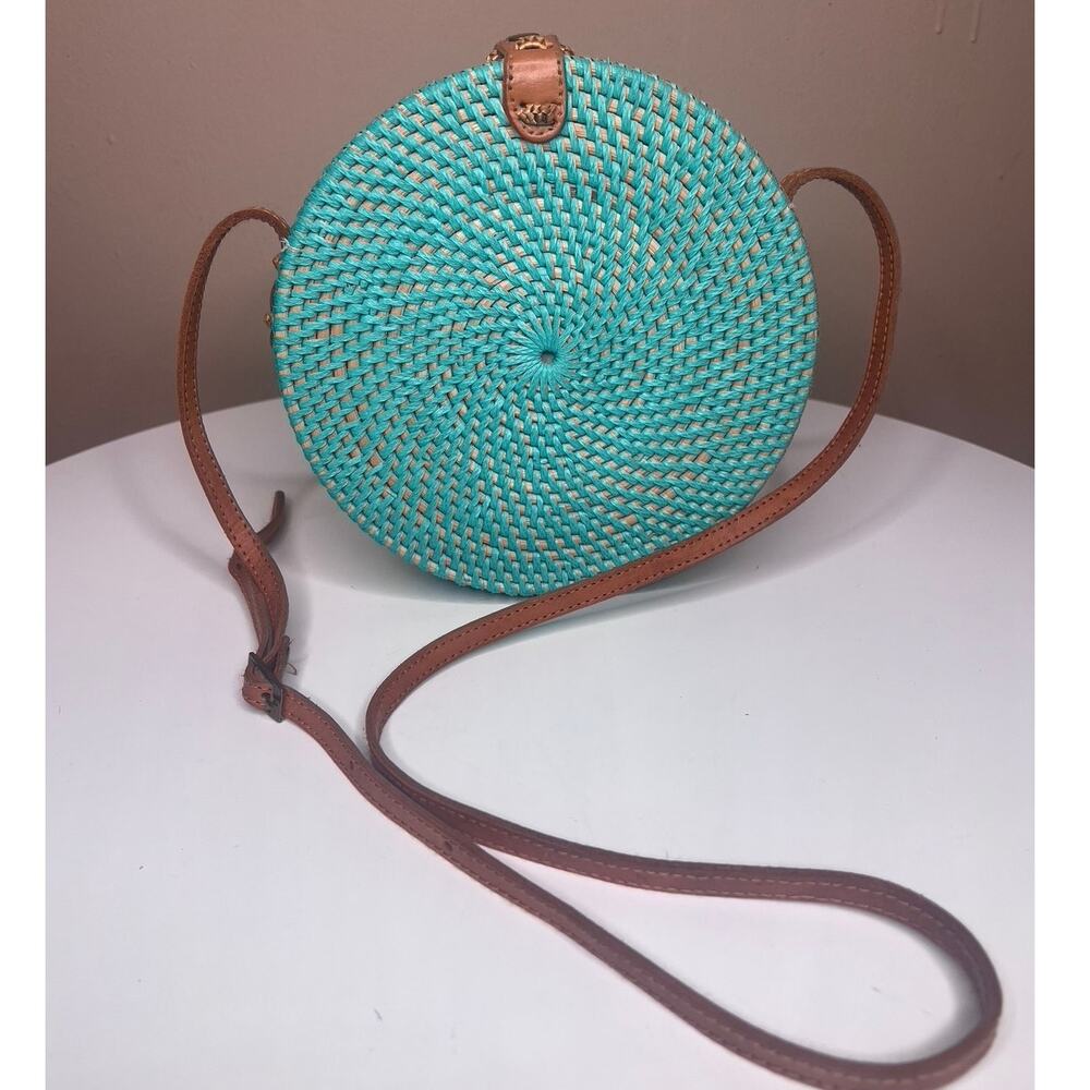 Poppy + Sage Camilla Aqua Turquoise Round Rattan Crossbody Bag Woven Circle